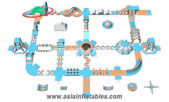 Màu xanh nhạt và màu cam Công viên nước nổi bơm hơi 50 x 40 M Công viên nước cho công viên cáp